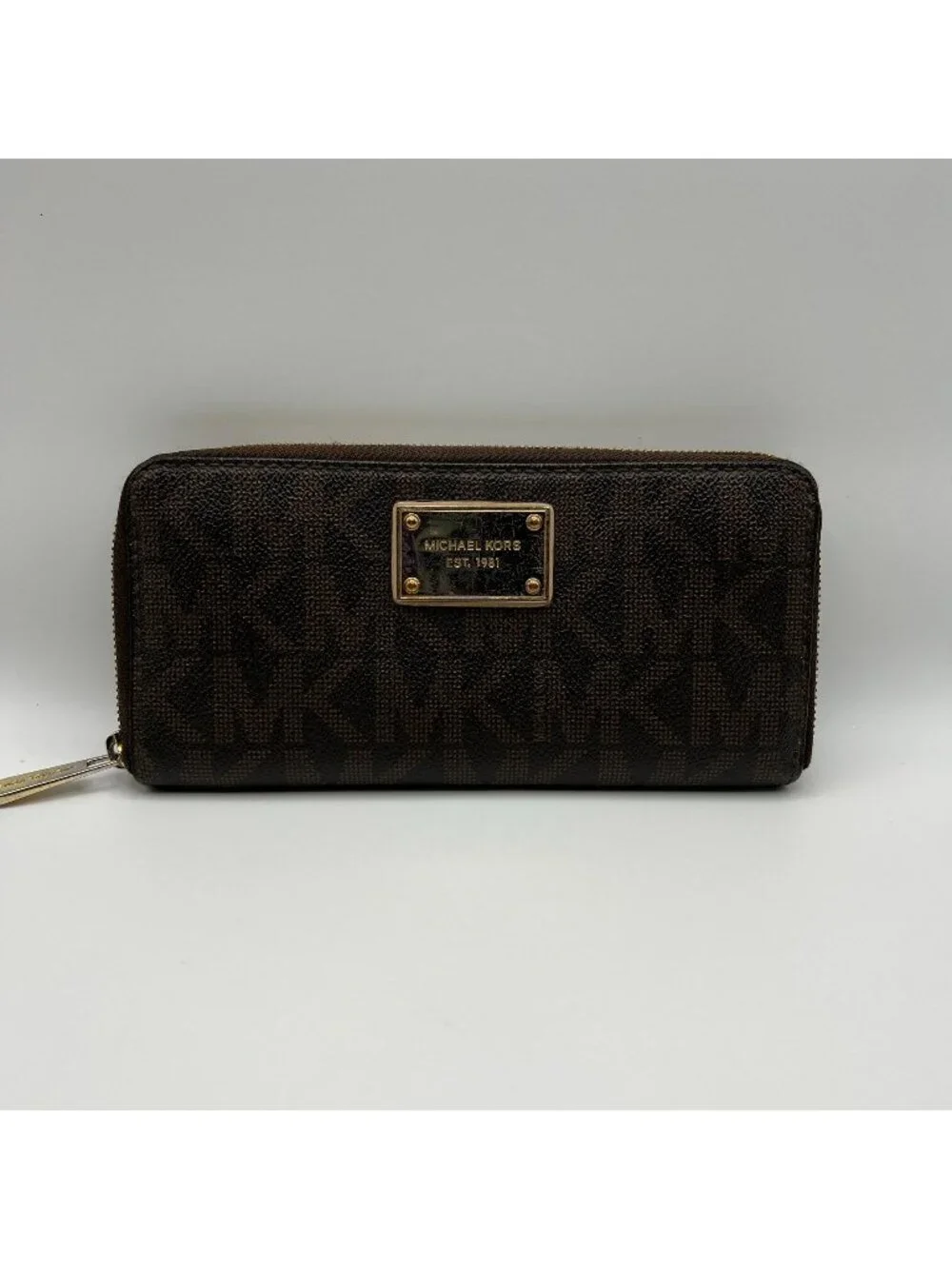 Michael Kors Brown Logo Zip-Around Wallet With Gold-Tone Hardware - Picture 1 of 7